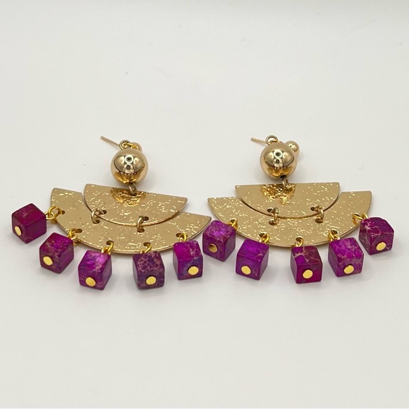 Gold Tone Chandelier Earrings with Fuschia Stone Dangles - Picture 2 of 3